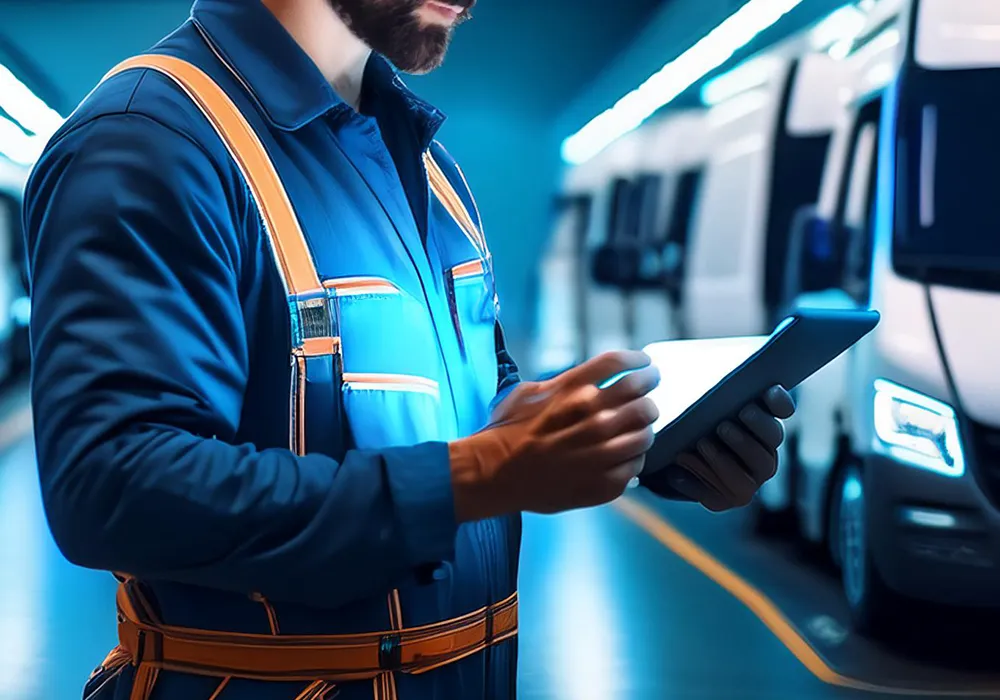 Stylised photo of a person in work overalls looking at a tablet with parked vans blurred into the backgroud